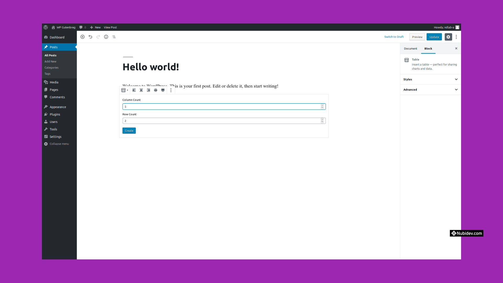 WordPress Gutenberg - Tabel dan Kolom
